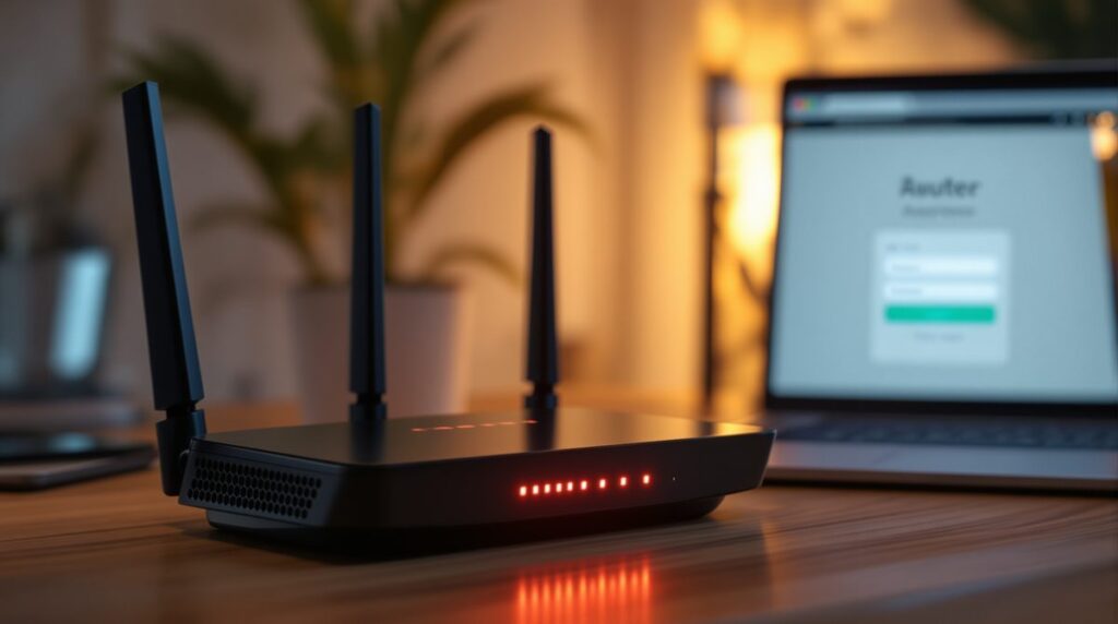 AVM FritzBox Router auf einem Holzschreibtisch mit geöffnetem Laptop und Router-Login-Seite im Browser