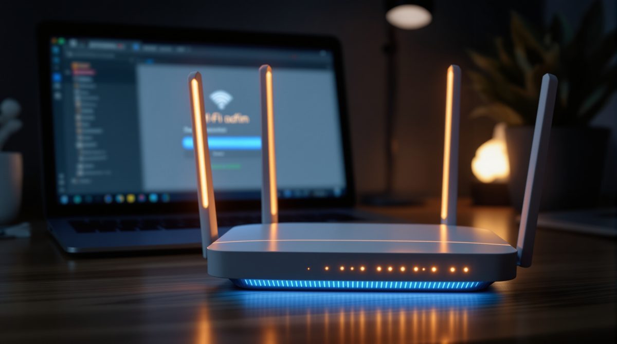 WLAN-Router mit LED-Statuslichtern und Admin-Oberfläche auf Laptop-Bildschirm