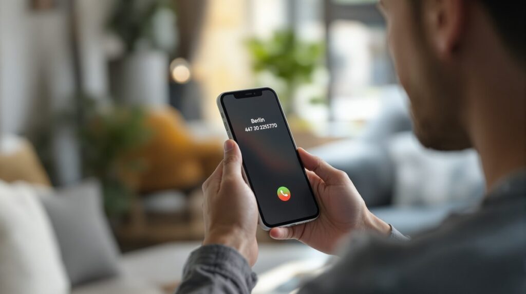 Person schaut auf Smartphone mit eingehendem Anruf von +49 30 22957920