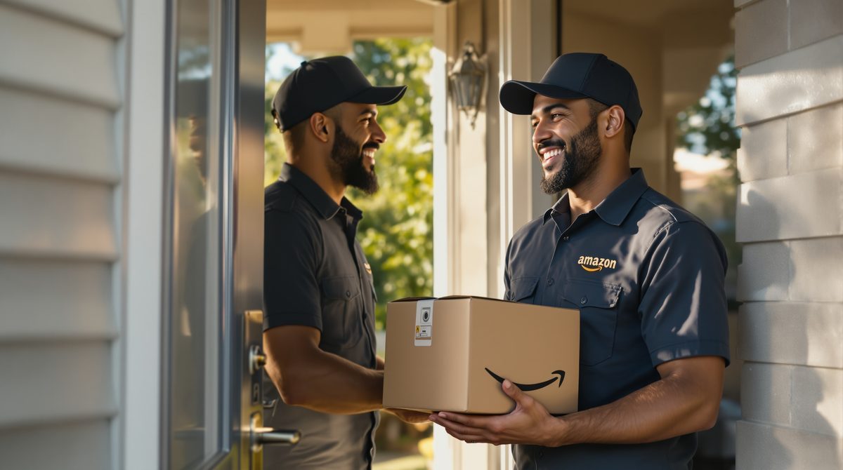 Amazon Zusteller mit Paket an Haustür klingelt bei Empfänger
