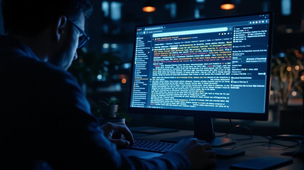 Person am Laptop schaut verwirrt auf kryptische Spam-Suchergebnisse im Browser