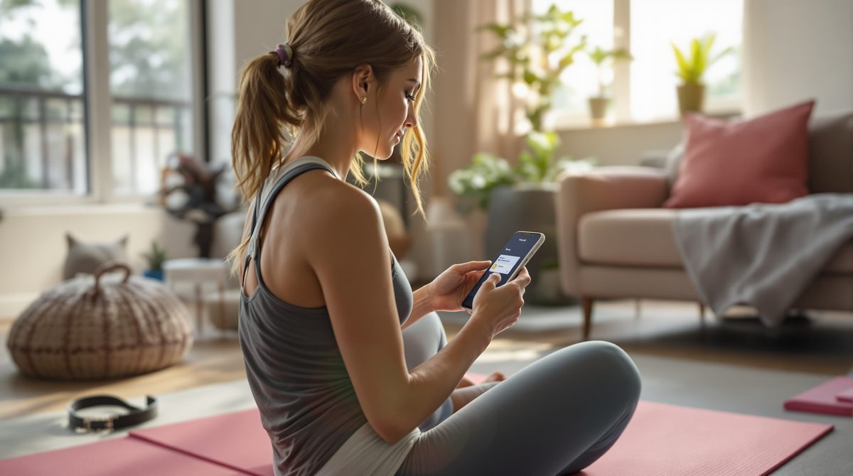 Frau verwaltet Fitness-App-Abonnement von Actitech Limited auf dem Smartphone