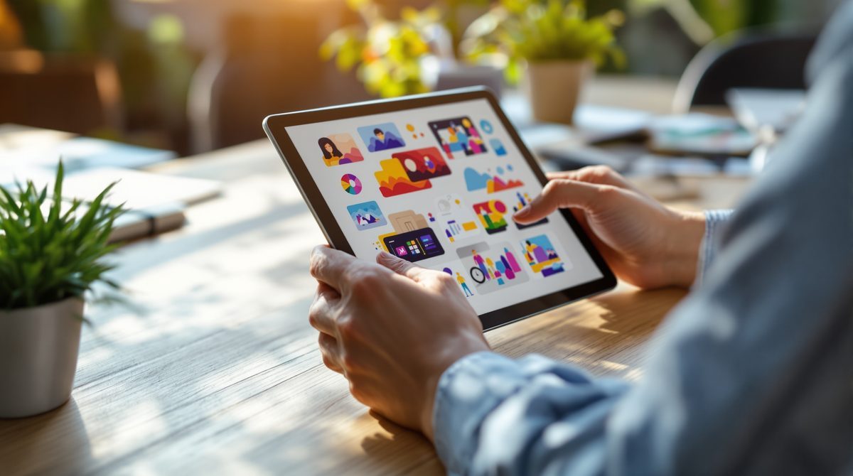 Grafikdesignerin überprüft Adobe Firefly generierte Bilder auf einem Tablet
