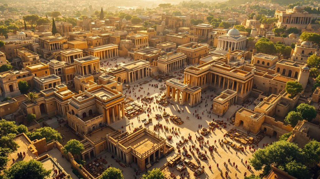 Anno 117 Pax Romana – Luftaufnahme einer detaillierten antiken römischen Stadt