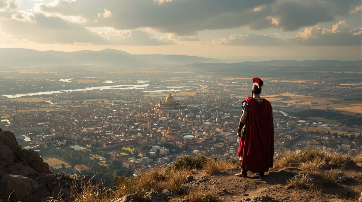 Römischer Legionär überblickt eine weitläufige antike Stadt in Anno 117