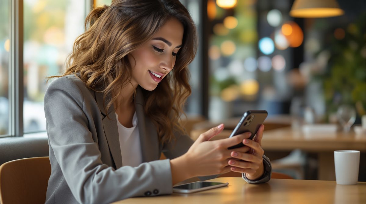 Frau nutzt iPhone mit Apple iOS 26 und KI-Funktionen im Café