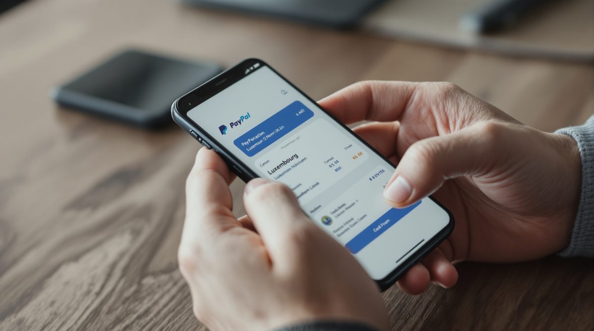 Smartphone zeigt PayPal-App mit Transaktionsübersicht und Luxemburg-Adresse