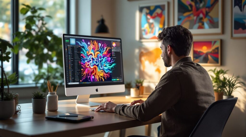 Person nutzt ChatGPT auf einem Laptop, um KI-generierte Bilder zu erstellen — moderner Arbeitsplatz mit digitalem Artwork im Hintergrund