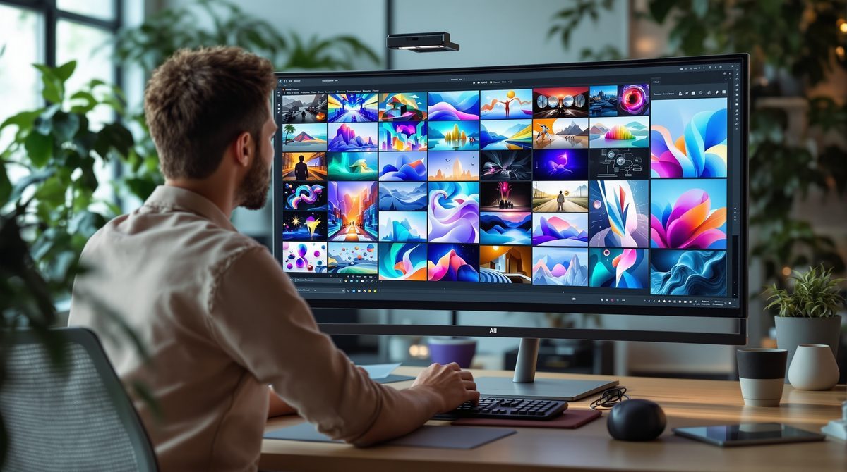 Designer betrachtet verschiedene KI-generierte Bildstile auf einem großen Monitor im modernen Design-Studio