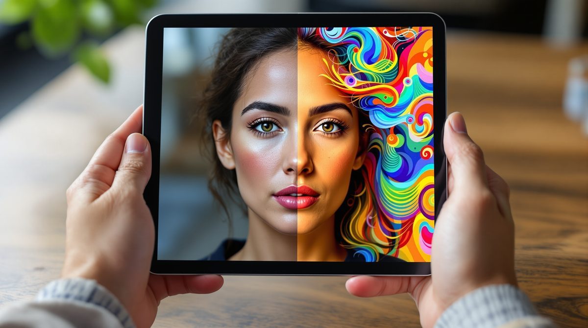 Tablet zeigt zwei KI-generierte Bildstile im Vergleich — fotorealistisch auf der einen Seite, illustrativ auf der anderen