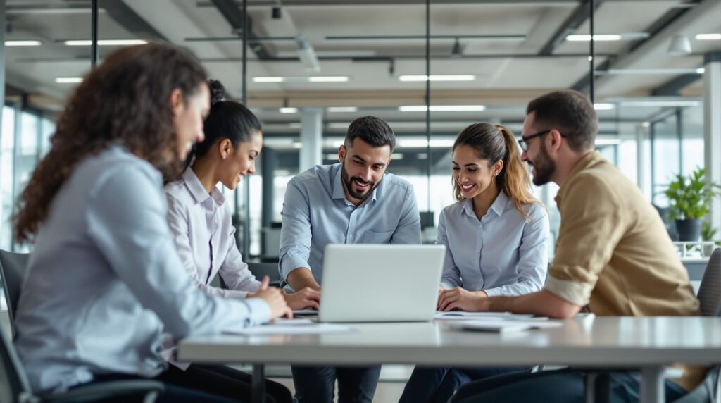 Business-Team im modernen Büro diskutiert ChatGPT-Einsatz im Unternehmen am Laptop