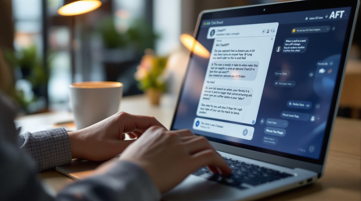Mitarbeiterin tippt Prompt in ChatGPT auf Laptop — ChatGPT Nutzung im Unternehmensalltag