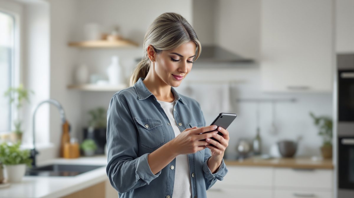 Frau verwaltet Kundenkonto per Smartphone in modernem Online-Shop
