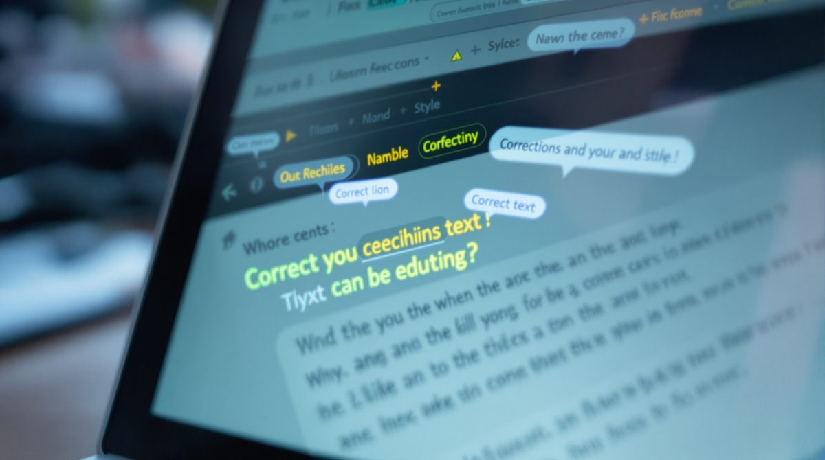 Nahaufnahme eines Laptop-Bildschirms mit KI-Texteditor und Korrekturvorschlägen von DeepL Write