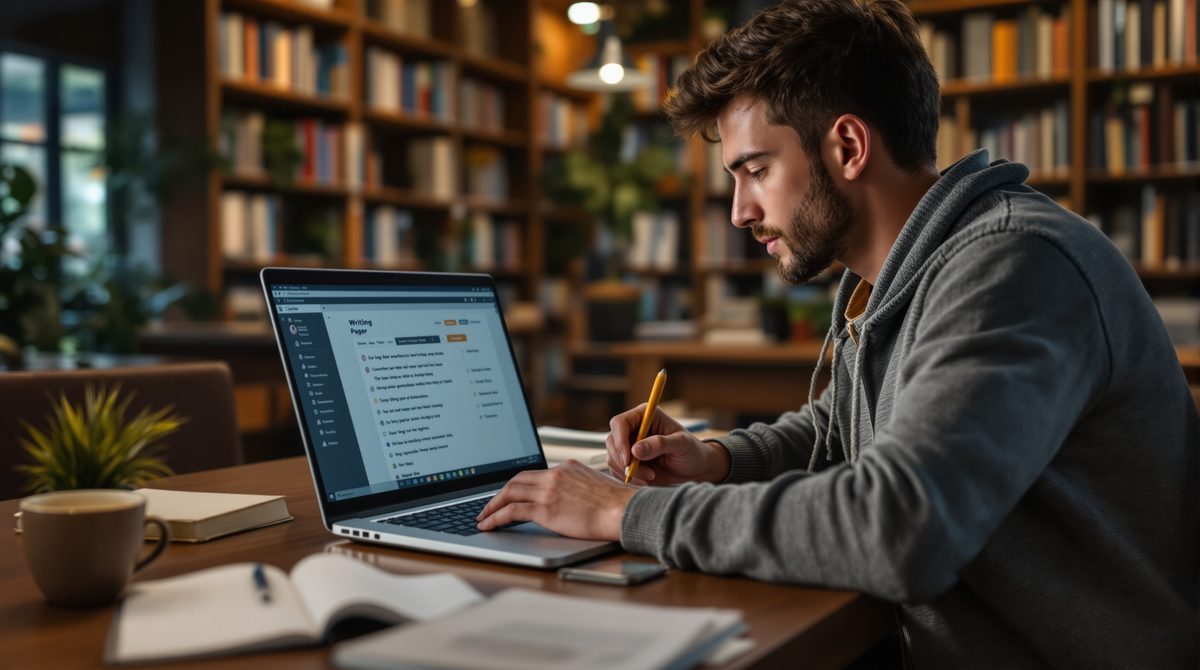 Studentin arbeitet an einer wissenschaftlichen Arbeit mit KI-Schreibassistent auf dem Laptop
