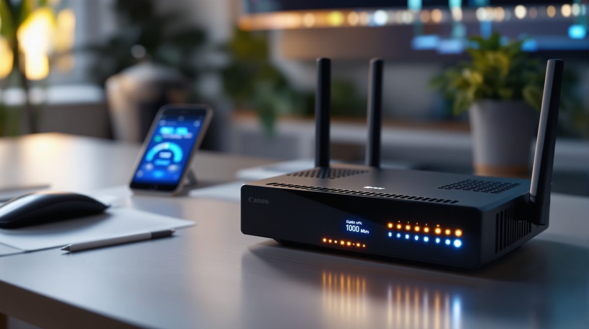 Glasfaser-Router mit Gigabit-Internetverbindung und Speedtest-Ergebnis auf dem Smartphone
