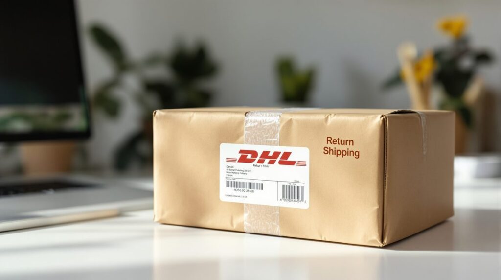 DHL ISE Return Infinite – Retoure Paket mit Rücksende-Label auf Schreibtisch