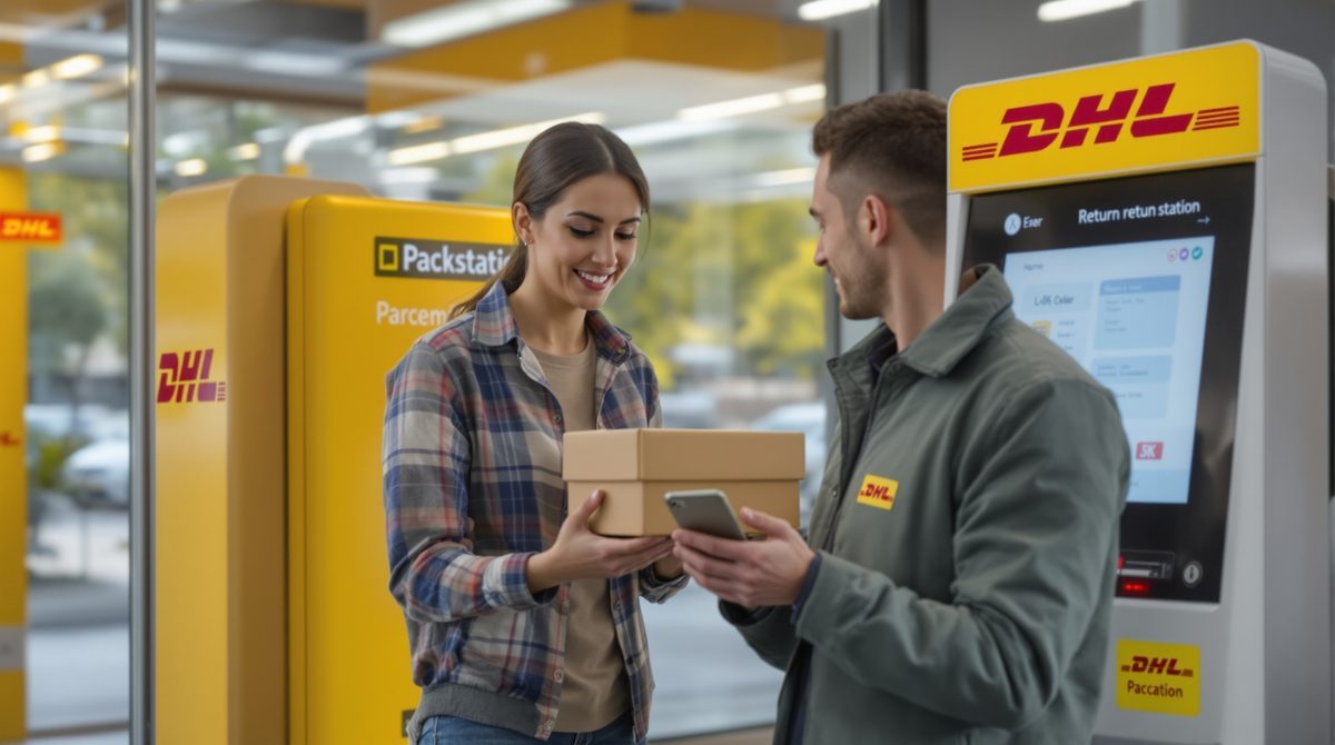 Person gibt DHL-Retoure an Packstation ab und scannt QR-Code mit Smartphone