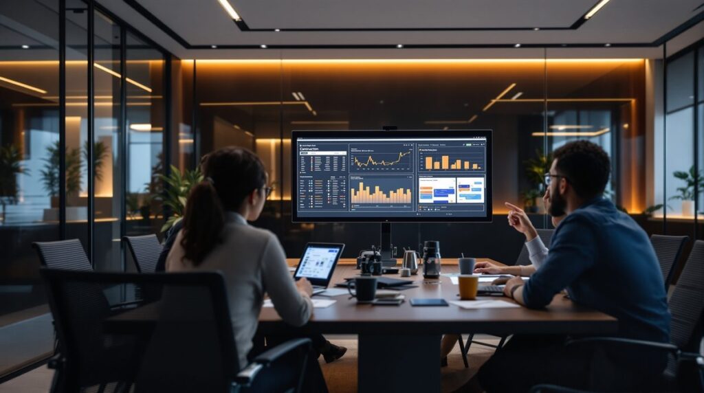 Team bei der Nutzung von Projektmanagement-Tools am modernen Konferenztisch mit Dashboards auf Bildschirmen