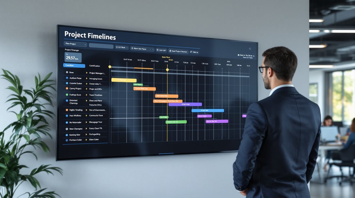 Projektmanagerin präsentiert Gantt-Diagramm auf großem Bildschirm im modernen Open-Space-Büro