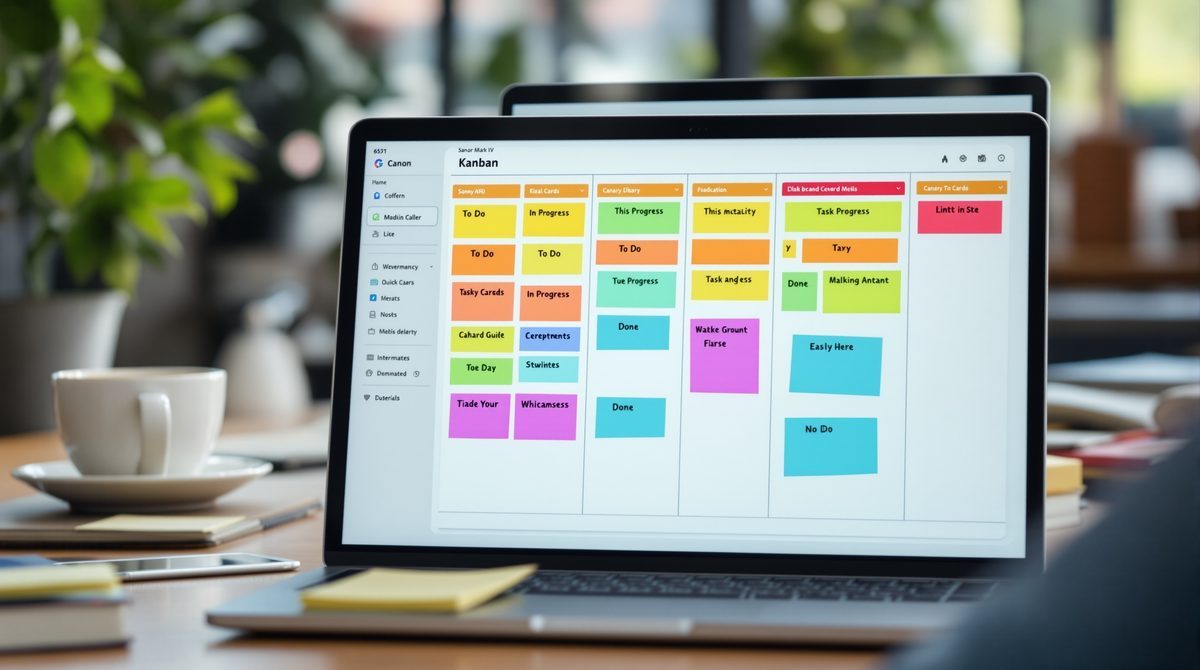 Kanban-Board auf einem Laptop-Bildschirm mit farbigen Aufgabenkarten in einer modernen Büroumgebung