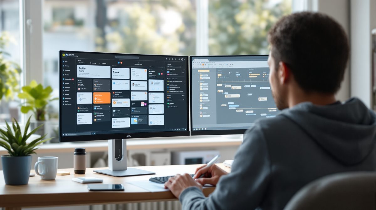 Vergleich zweier Projektmanagement-Software-Oberflächen auf einem Monitor im Home-Office-Setup