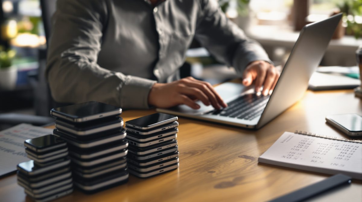 Händler berechnet Marge für differenzbesteuerte Handys am Laptop