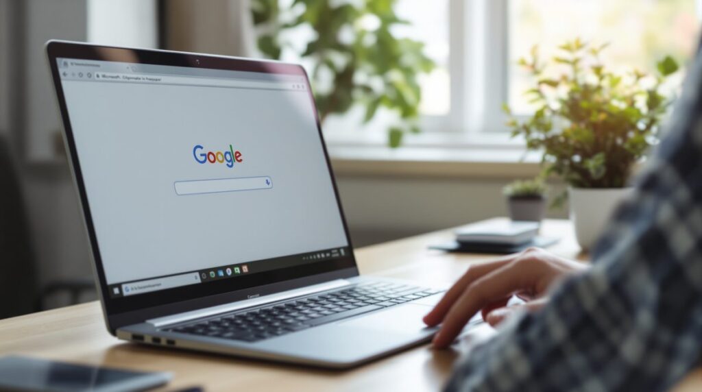 Person verwendet Microsoft Edge Browser auf Laptop mit Google als neuer Tab-Seite