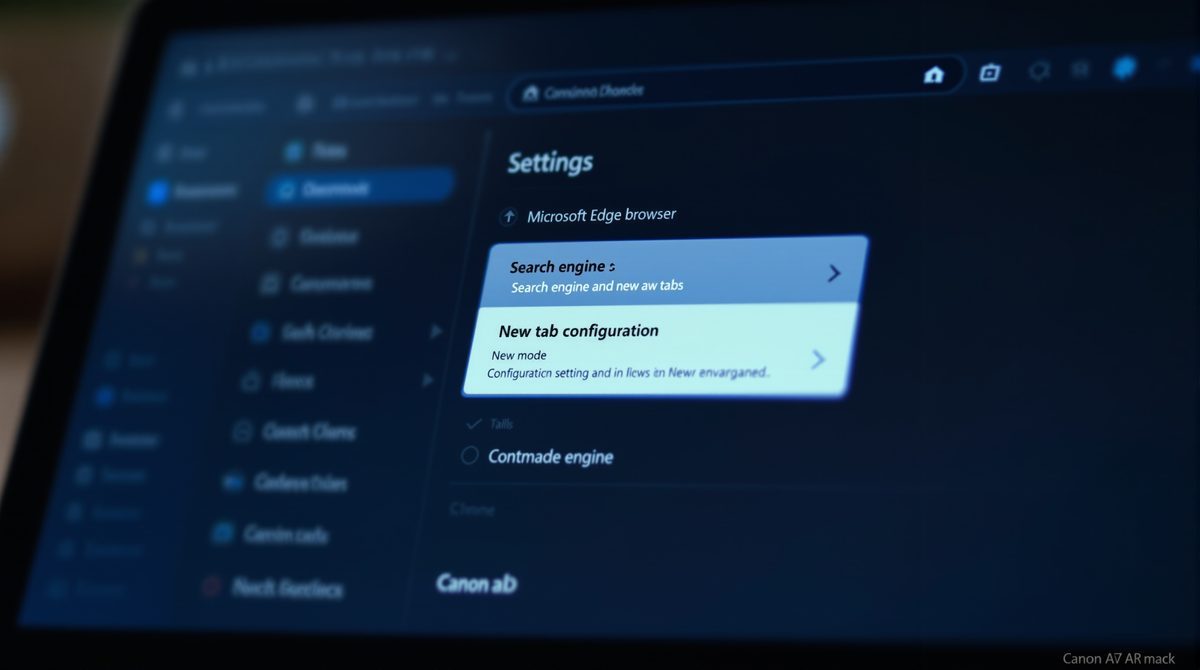Microsoft Edge Browser-Einstellungsmenü mit Suchmaschinen- und neuer Tab-Konfiguration