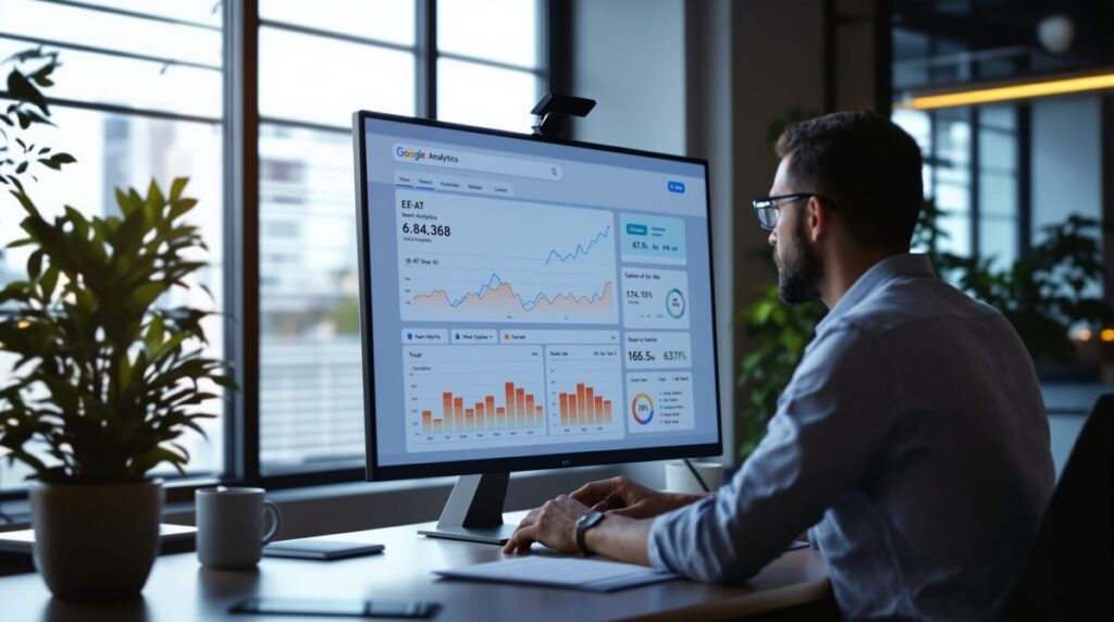 EEAT in der Ära von KI-Suche – Digitaler Experte analysiert Trust- und Autoritätssignale auf Monitor