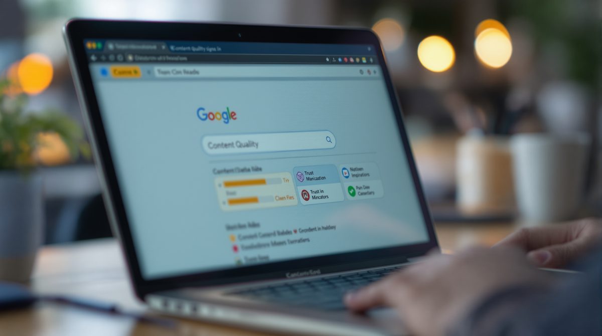 KI-Suchinterface mit EEAT-Qualitätssignalen auf Laptop-Bildschirm