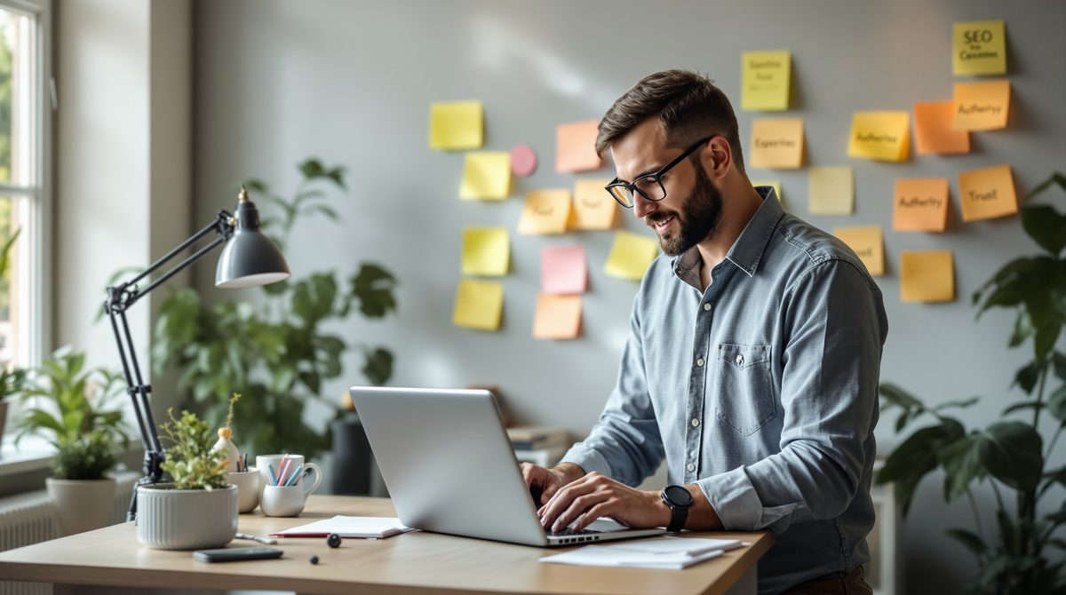 Content-Stratege erarbeitet E-E-A-T-Strategie mit Expertise und Vertrauen als Kernthemen