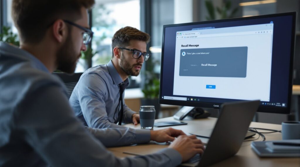 Büromitarbeiter sitzt am Laptop und ruft eine versendete E-Mail in Microsoft Outlook zurück