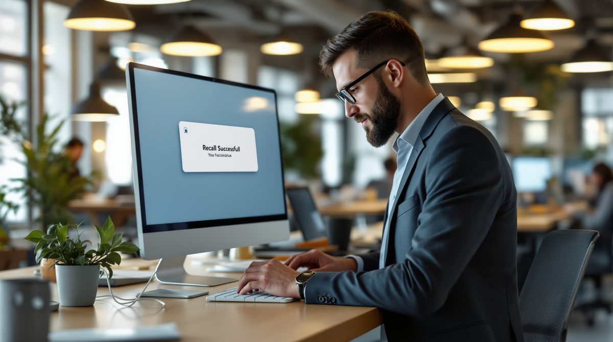 Businessfrau am Laptop prüft eine Bestätigungsnachricht nach dem erfolgreichen E-Mail-Rückruf in Outlook