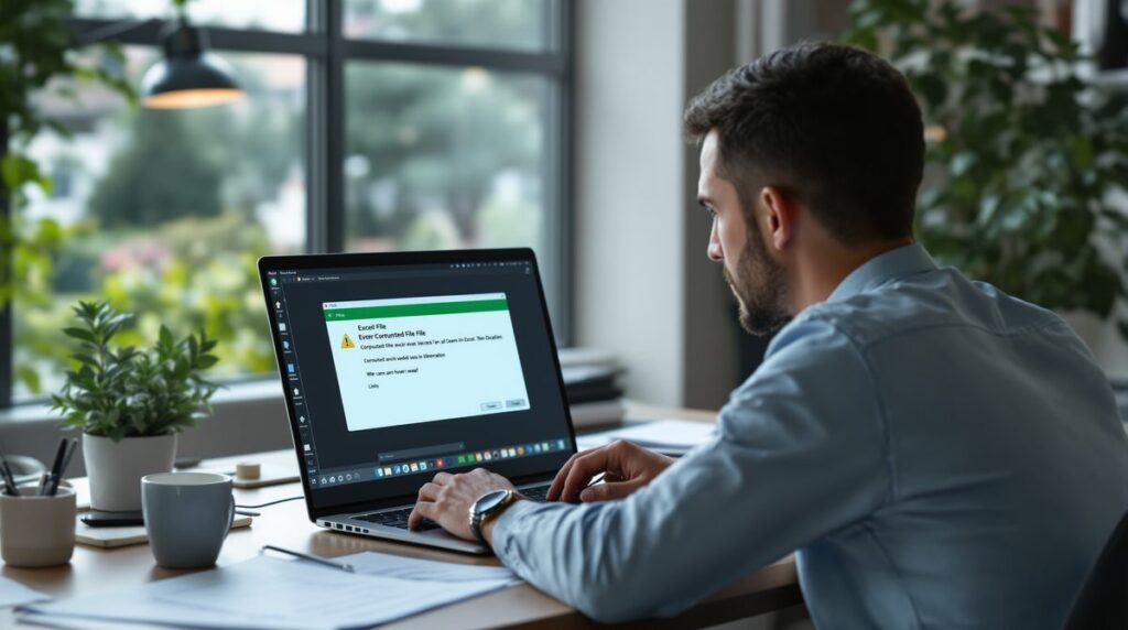 Beschädigte Excel-Datei reparieren – Büromitarbeiter vor Laptop mit Fehlermeldung