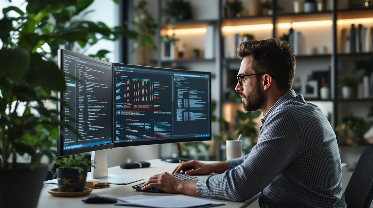 IT-Fachmann stellt beschädigte Excel-Tabellendaten an einem Dual-Monitor-Arbeitsplatz wieder her