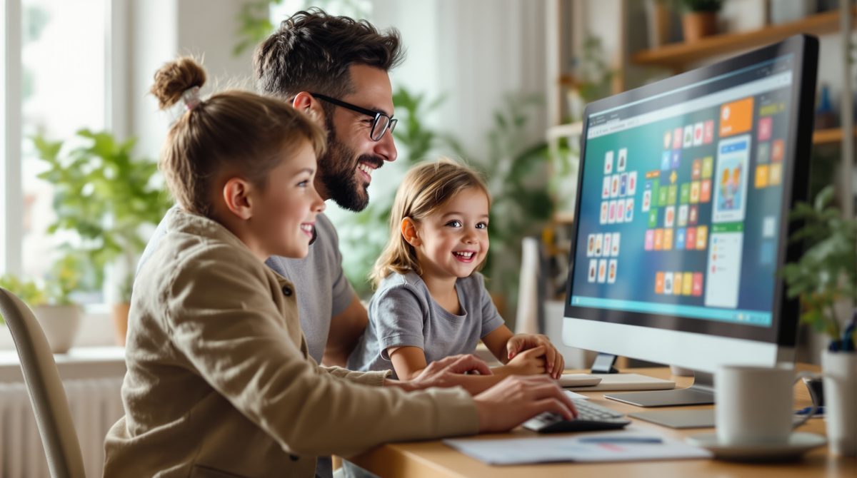 Kind und Erwachsener spielen gemeinsam ein Memory-Browser-Spiel am Computer