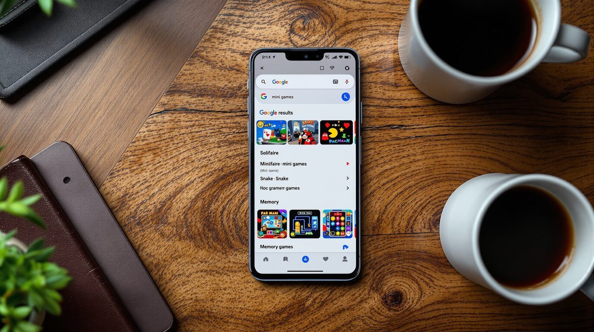 Smartphone zeigt Google-Suchergebnisse mit Mini-Games wie Solitaire, Snake und Pac-Man