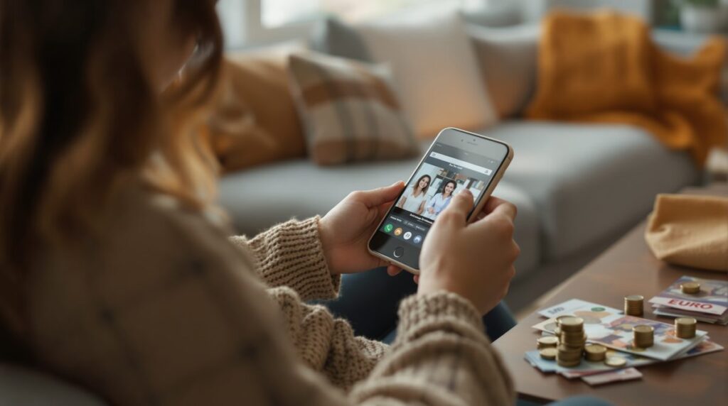 Frau schaut Videos auf dem Smartphone und verdient dabei Geld über eine Belohnungs-App