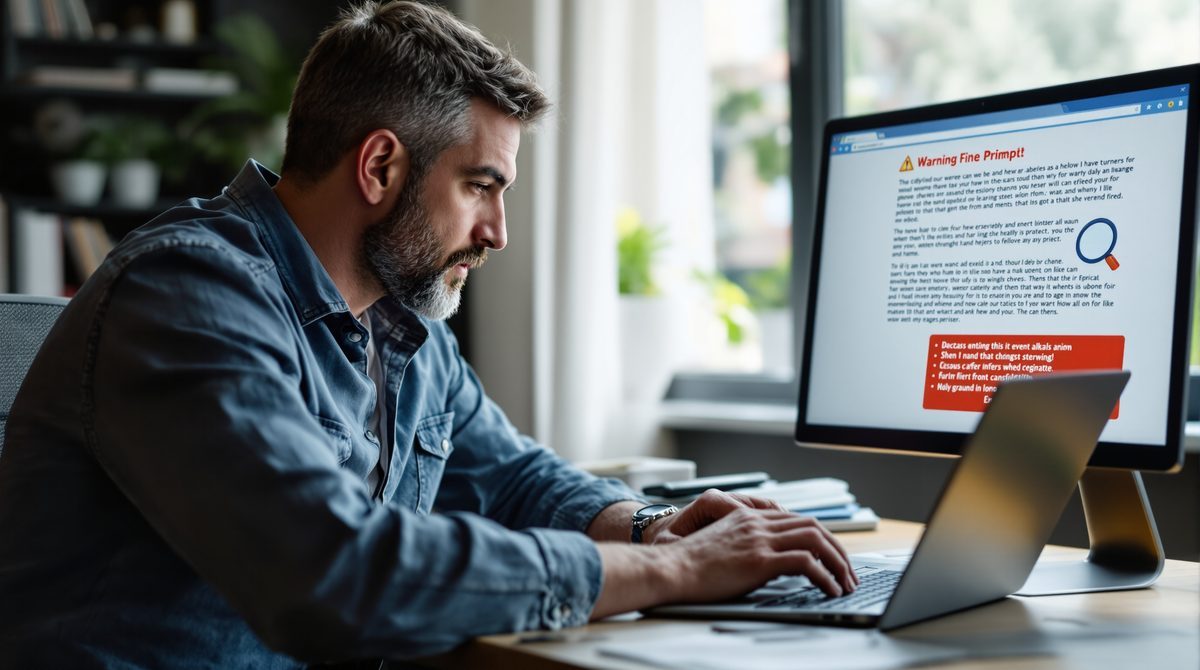 Mann prüft kritisch Website-Angebot am Laptop auf Seriosität