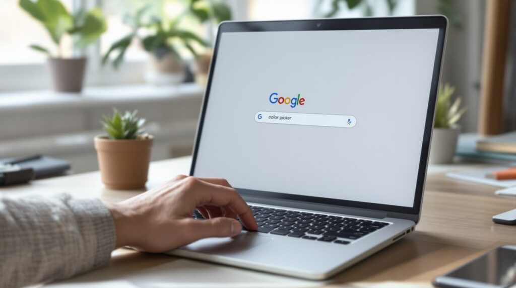 Person tippt "color picker" in die Google-Suche auf einem Laptop — Google Farbwähler aufrufen