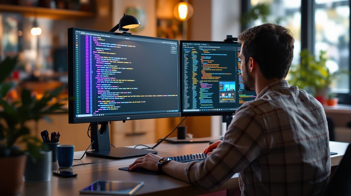 Webdesigner arbeitet an Dual-Monitor-Setup mit CSS-Code und Farbpalette auf den Bildschirmen