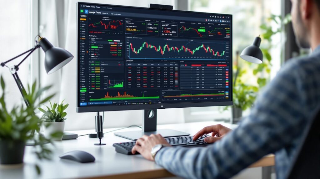 Person nutzt Google Finance Beobachtungsliste am Desktop-Monitor mit Börsencharts