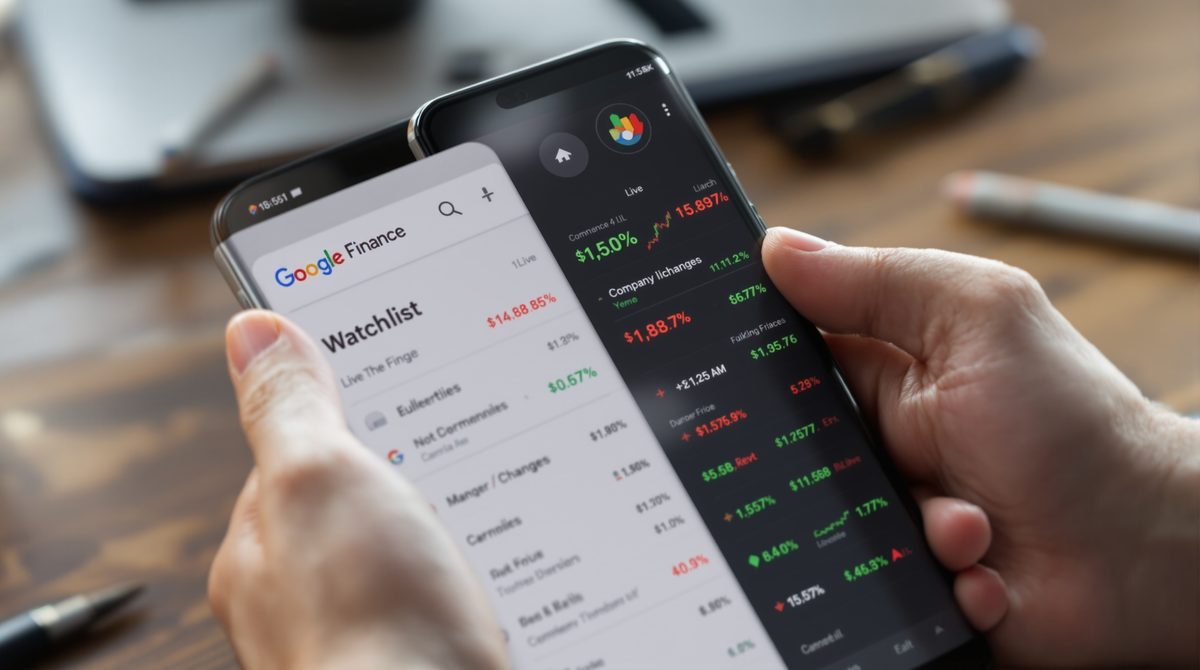 Smartphone zeigt Google Finance Watchlist mit Aktienkursen und Tagesveränderungen