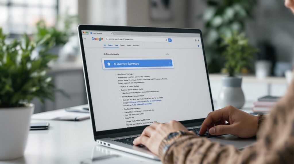 Person am Laptop frustriert über Google-Suchergebnisse mit KI-Übersicht