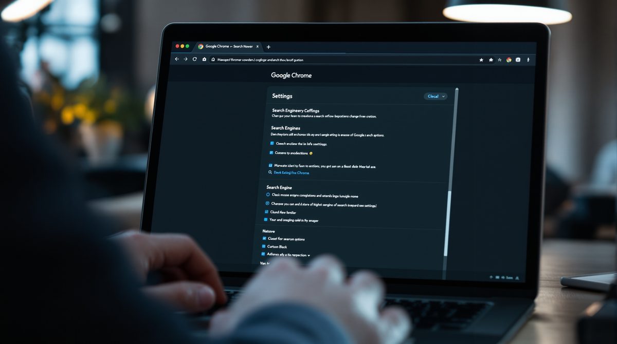 Laptop-Bildschirm mit Chrome Browser-Einstellungen zur Suchmaschinen-Konfiguration