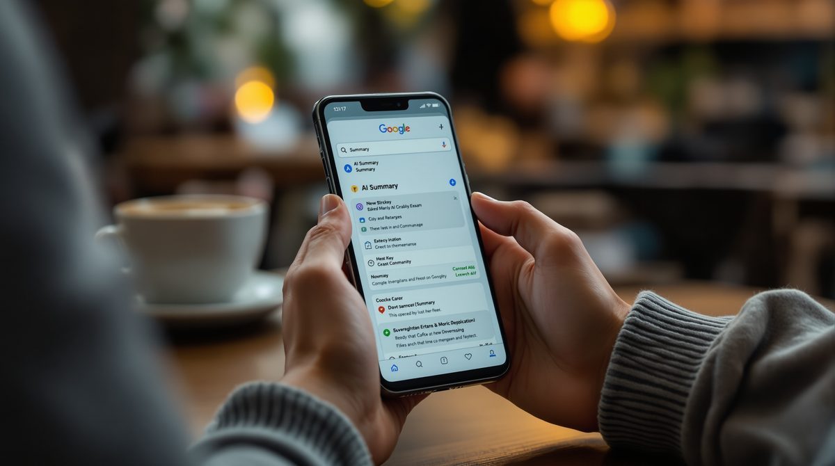 Smartphone mit Google-Suchergebnissen und KI-Übersicht auf dem Display