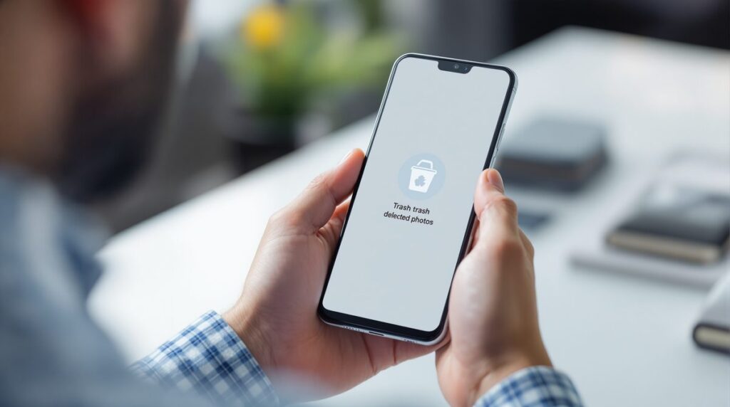 Person hält Android-Smartphone mit Papierkorb-Symbol auf dem Bildschirm