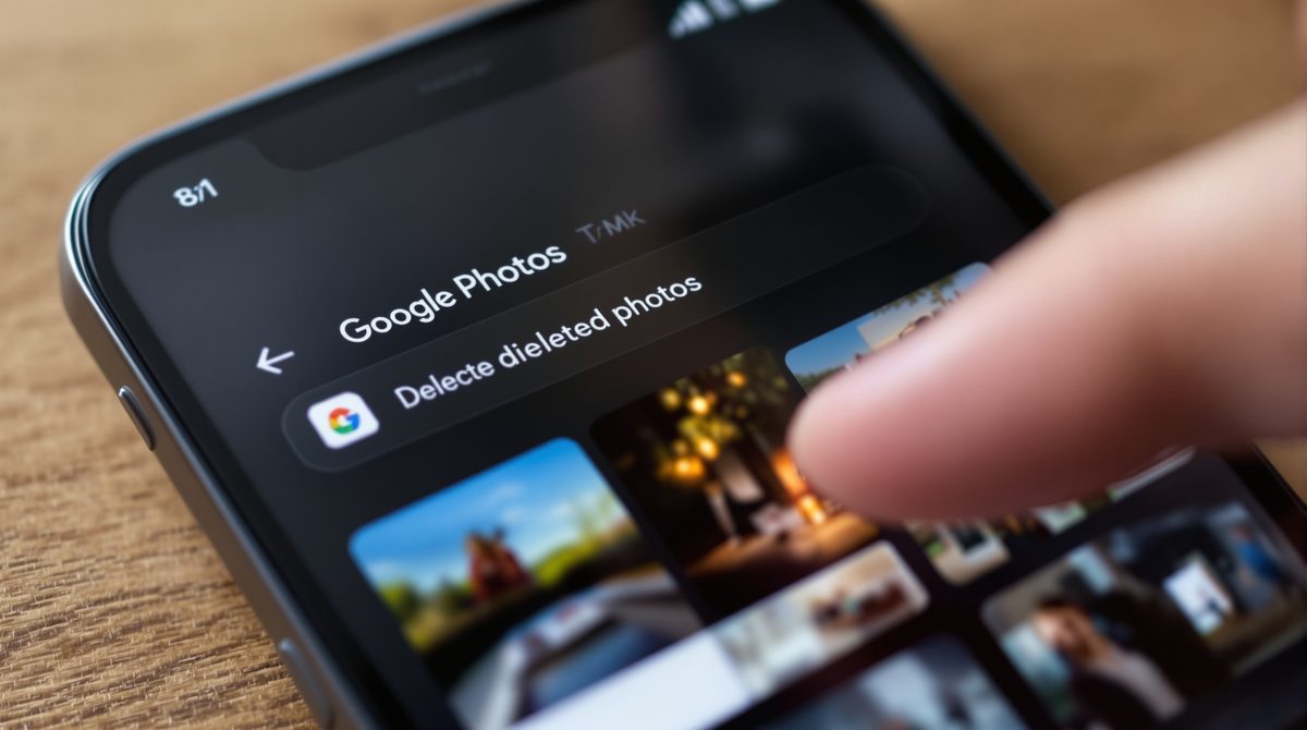 Nahaufnahme Android-Smartphone-Bildschirm mit Google Fotos Papierkorb und gelöschten Fotos