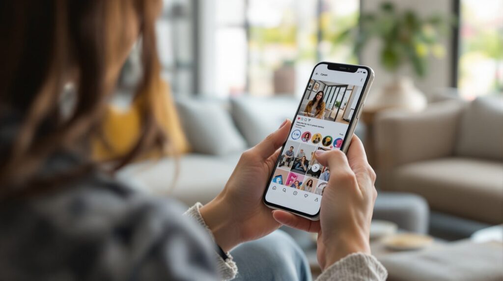 Frau hält Smartphone mit Instagram Stories in der Hand und navigiert per Tipp-Geste durch die Story-Folien